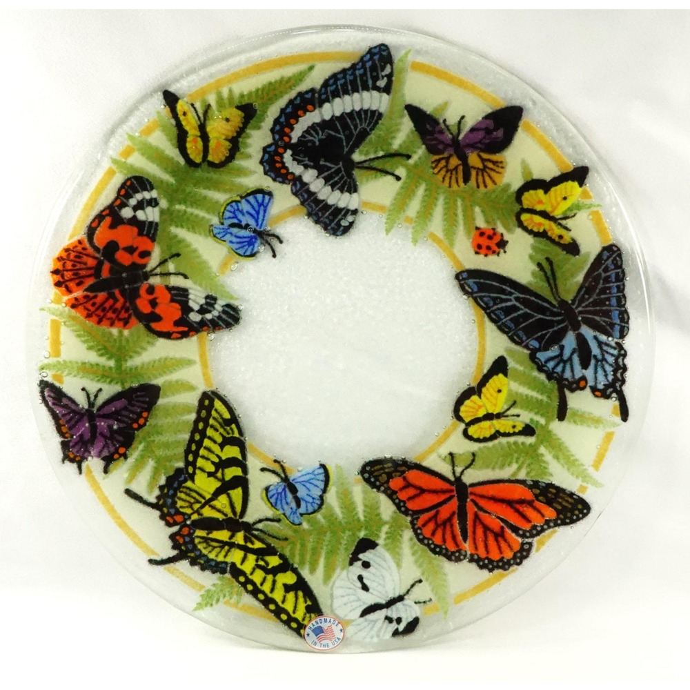 Peggy Karr BUTTERFLIES with Ferns 2004 Fused Art Glass 11" Plate with‎ Sticker